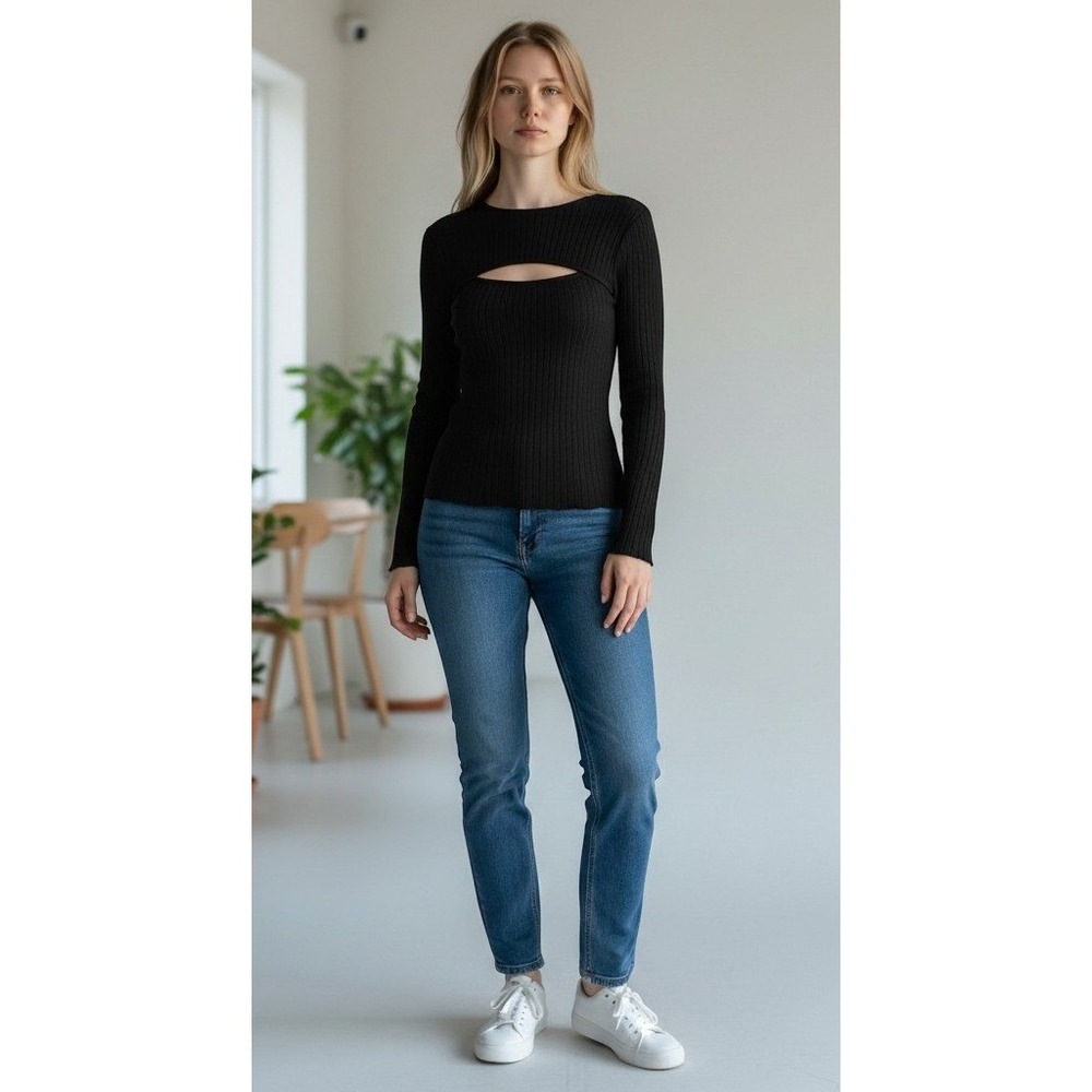 Rails Womens Black Ribbed Knit Twist Front Cutout Long Sleeve Top Medium